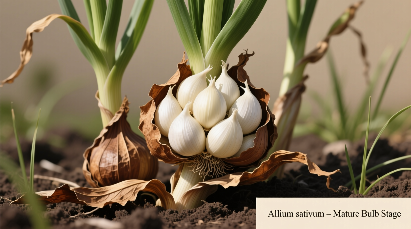 Garlic plants showing mature bulbs with browned lower leaves