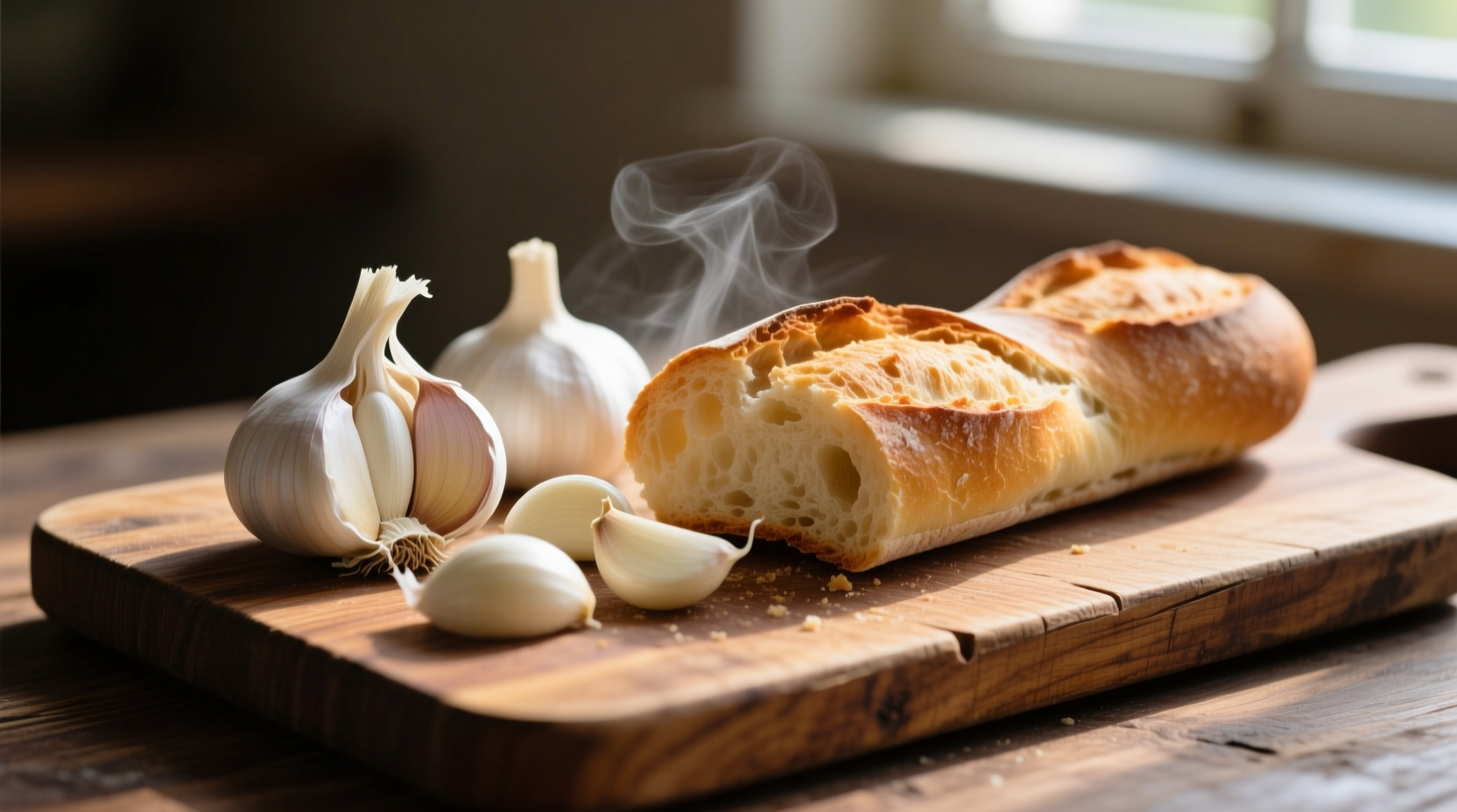 Fresh garlic cloves and French baguette on wooden cutting board