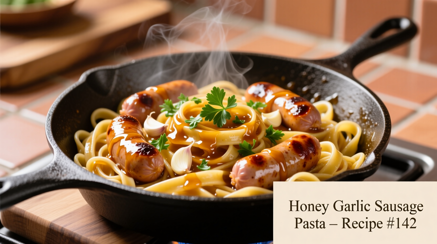 sticky honey garlic sausage pasta skillet