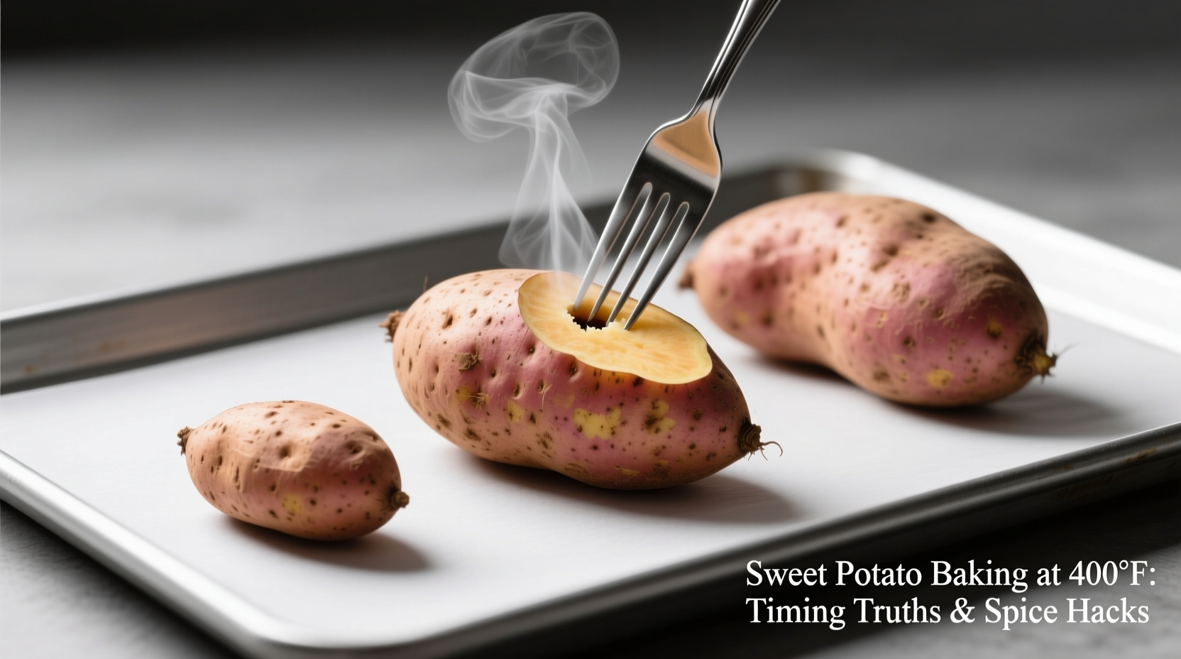 Three sweet potatoes of varying sizes on a baking sheet with fork test demonstration showing steam release