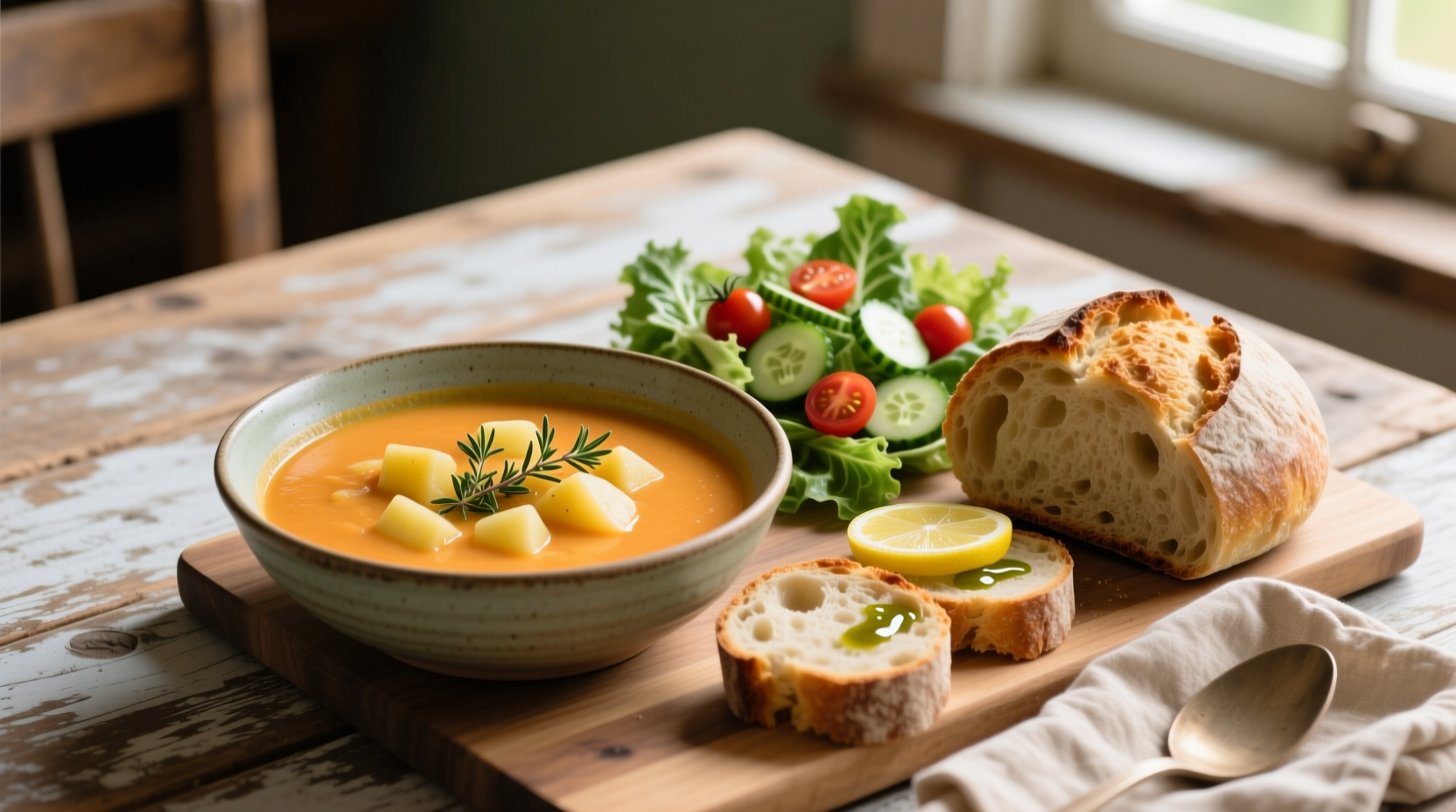 Potato soup with crusty bread and green salad