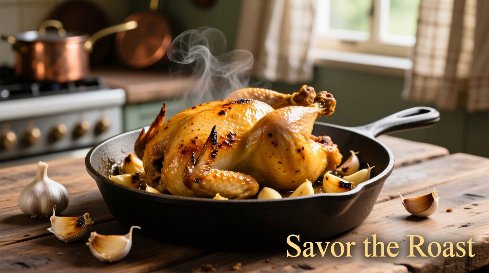 Roasted chicken with golden garlic cloves in cast iron skillet