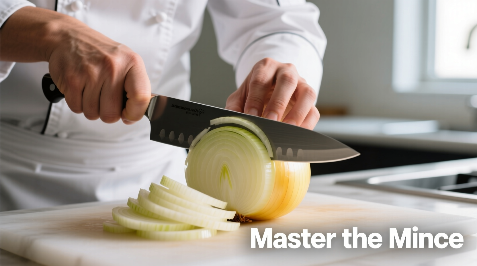 Chef demonstrating proper onion mincing technique with chef's knife