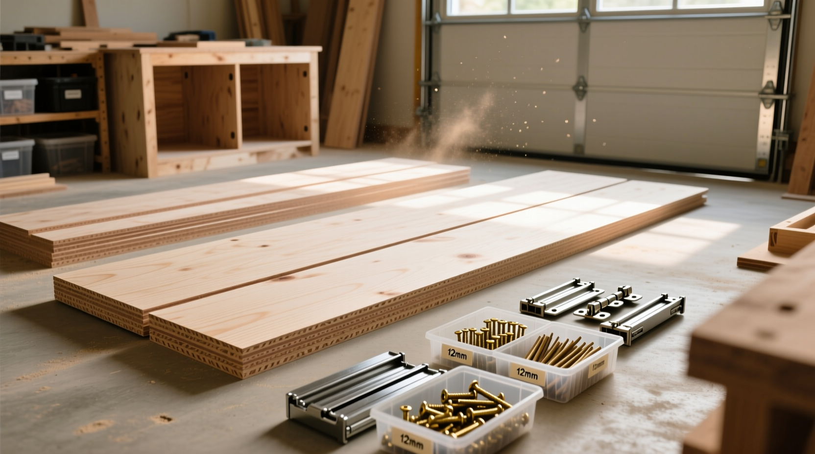 Plywood sheets and hardware laid out for garage cabinet project