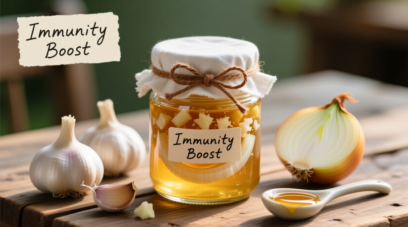 Garlic onion honey remedy in glass jar with ingredients