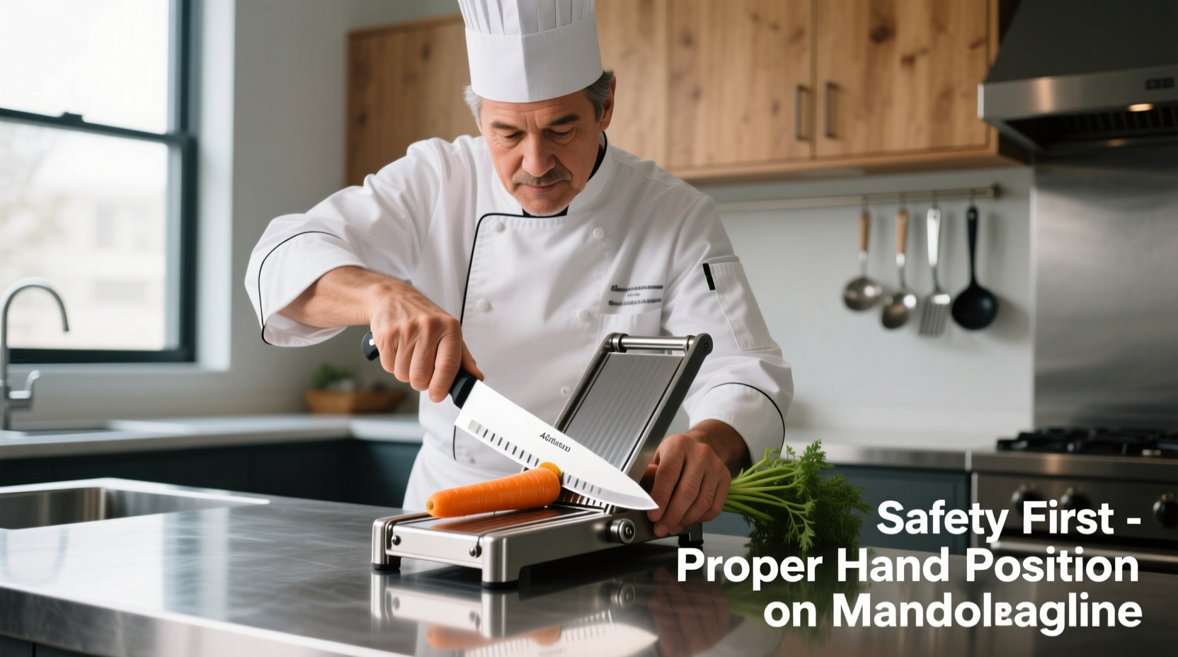 Professional chef demonstrating proper mandoline slicer hand position