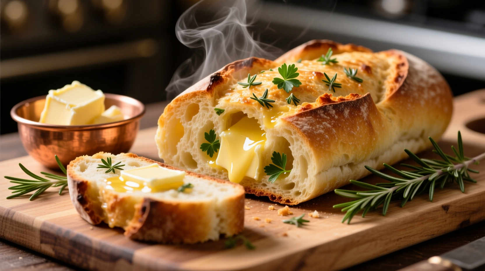 Freshly made quick garlic bread with melted butter and herbs