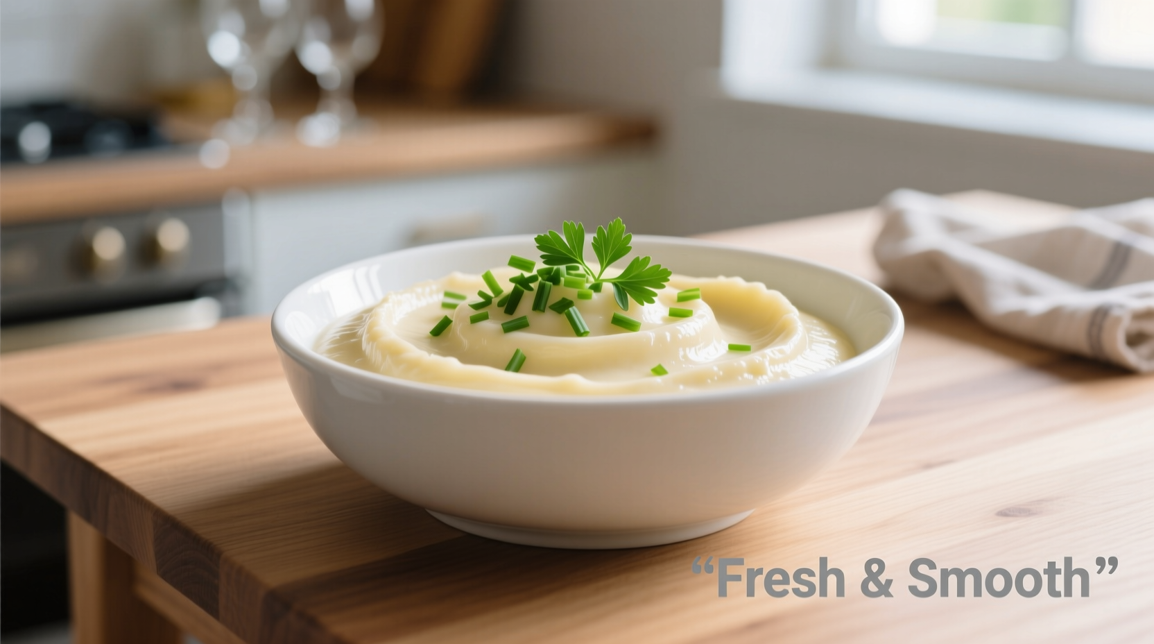 Silky smooth potato puree in white bowl with fresh herbs