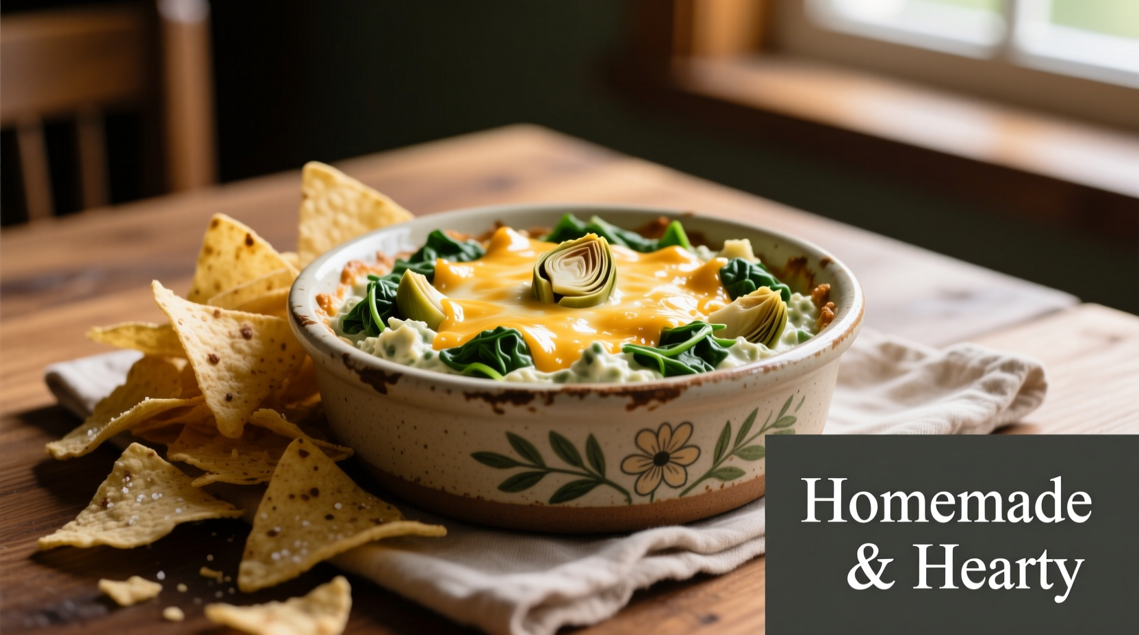 Homemade spinach artichoke dip in ceramic dish with tortilla chips
