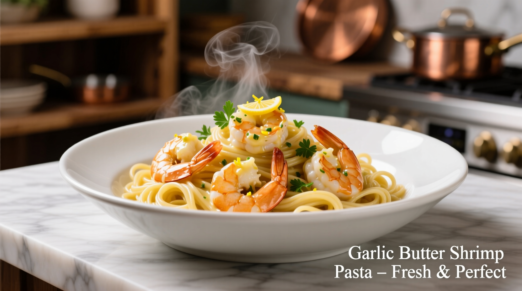 Perfectly cooked garlic butter shrimp with pasta in white bowl