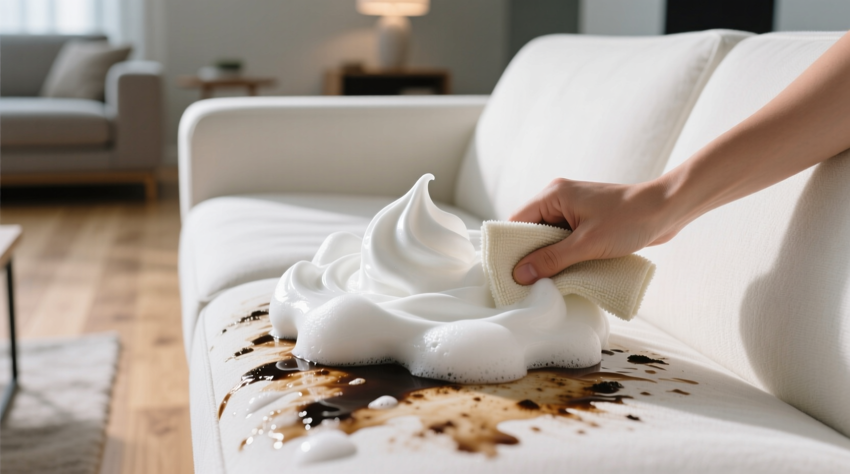 clean upholstery stains with whipped detergent