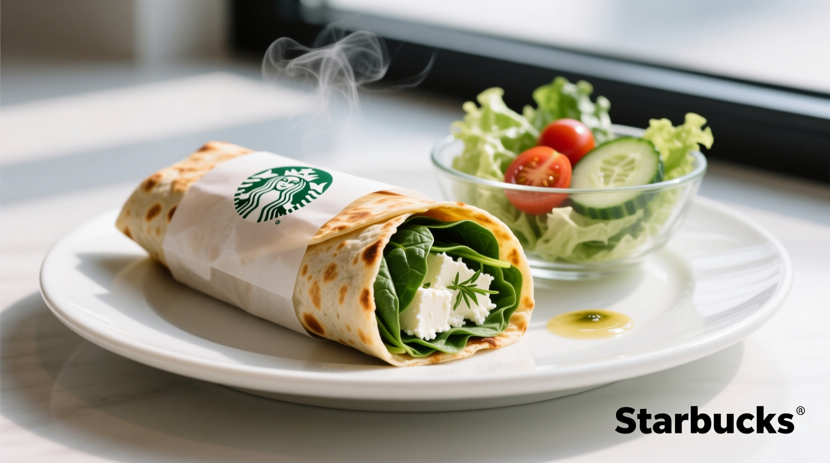 Starbucks Spinach Feta Wrap on white plate with side salad