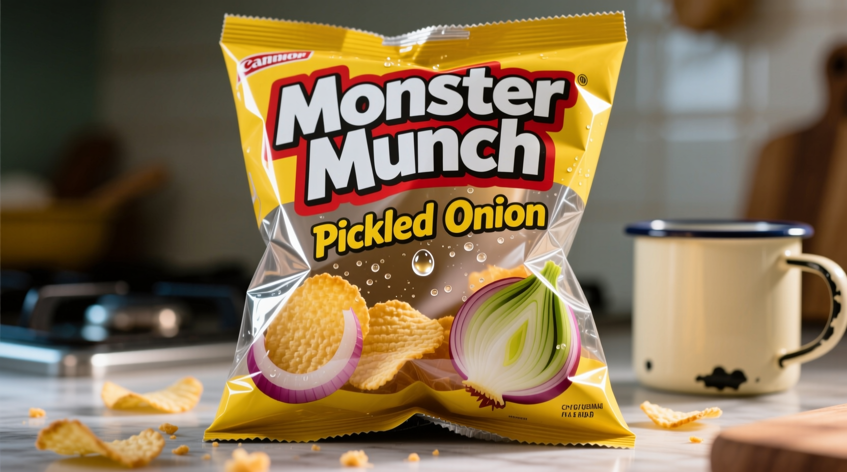 Close-up of Monster Munch Pickled Onion snacks in packaging