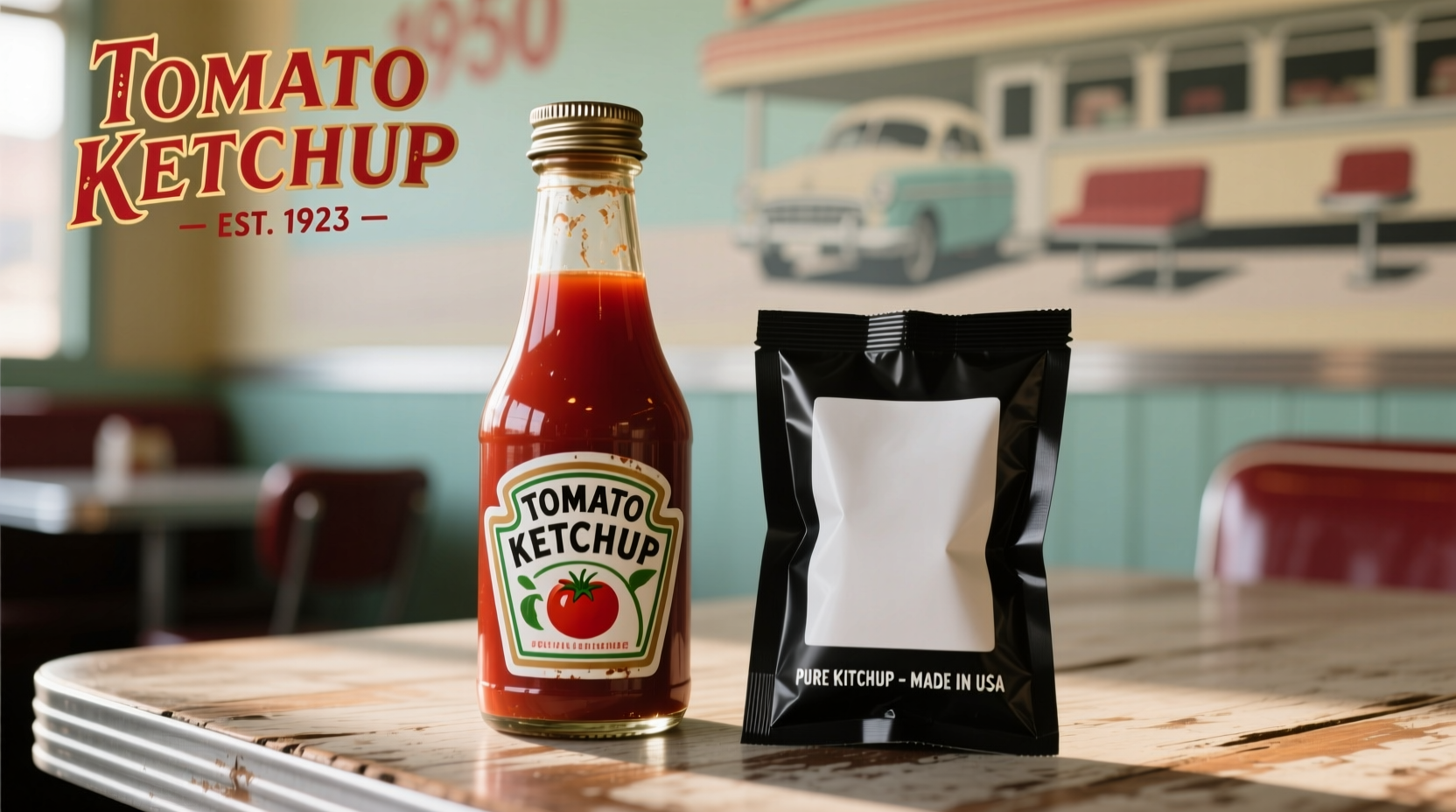 Vintage tomato catsup bottle next to modern ketchup