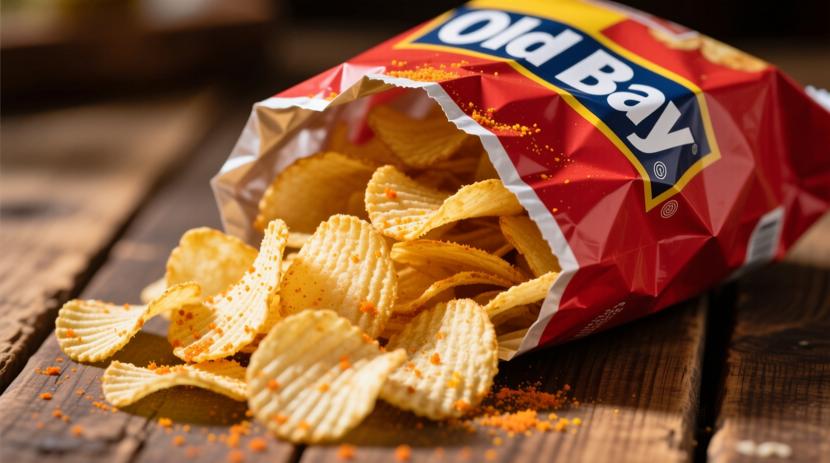 Crispy old bay potato chips in a red bag with seasoning