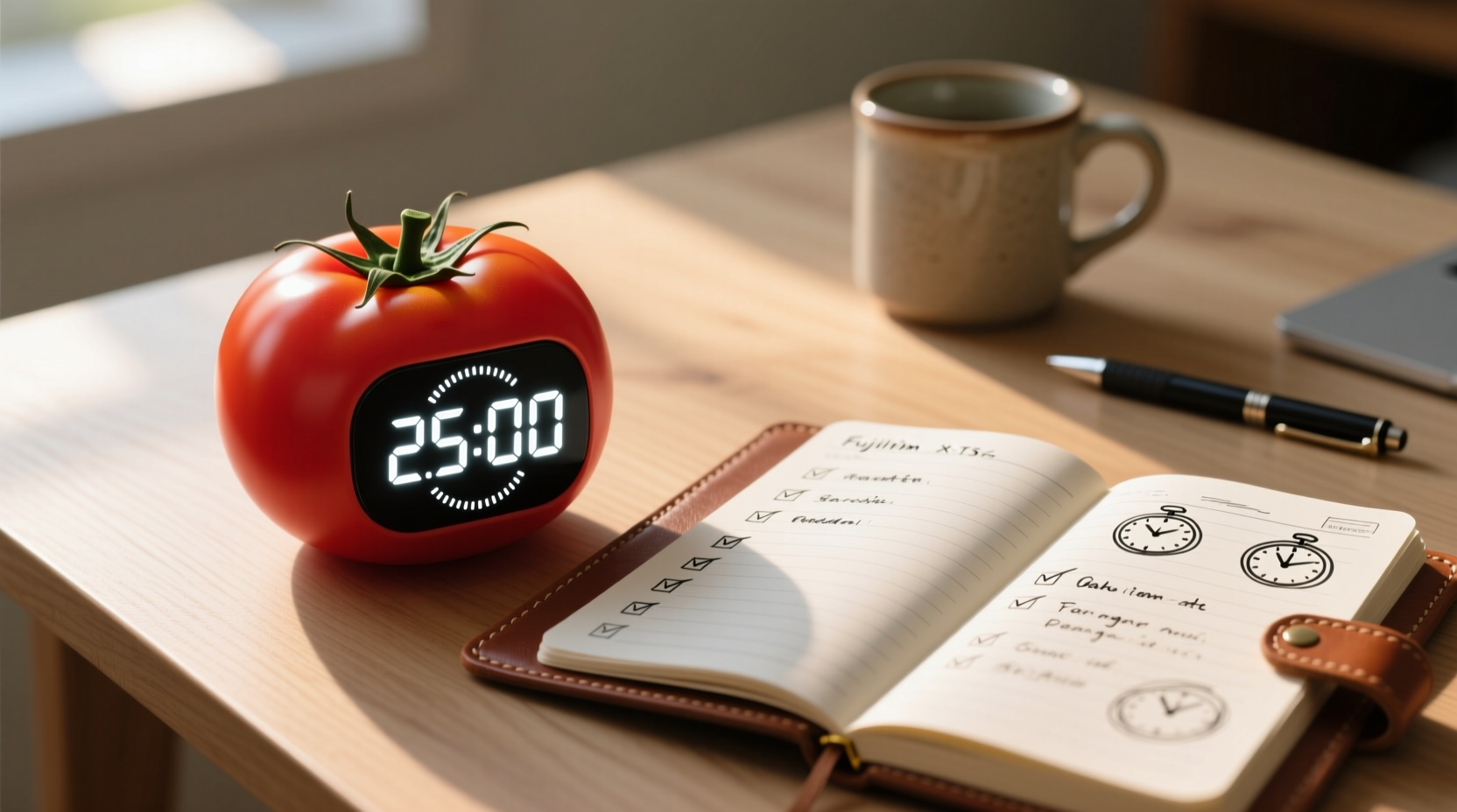 Tomato-shaped timer next to notebook showing Pomodoro intervals