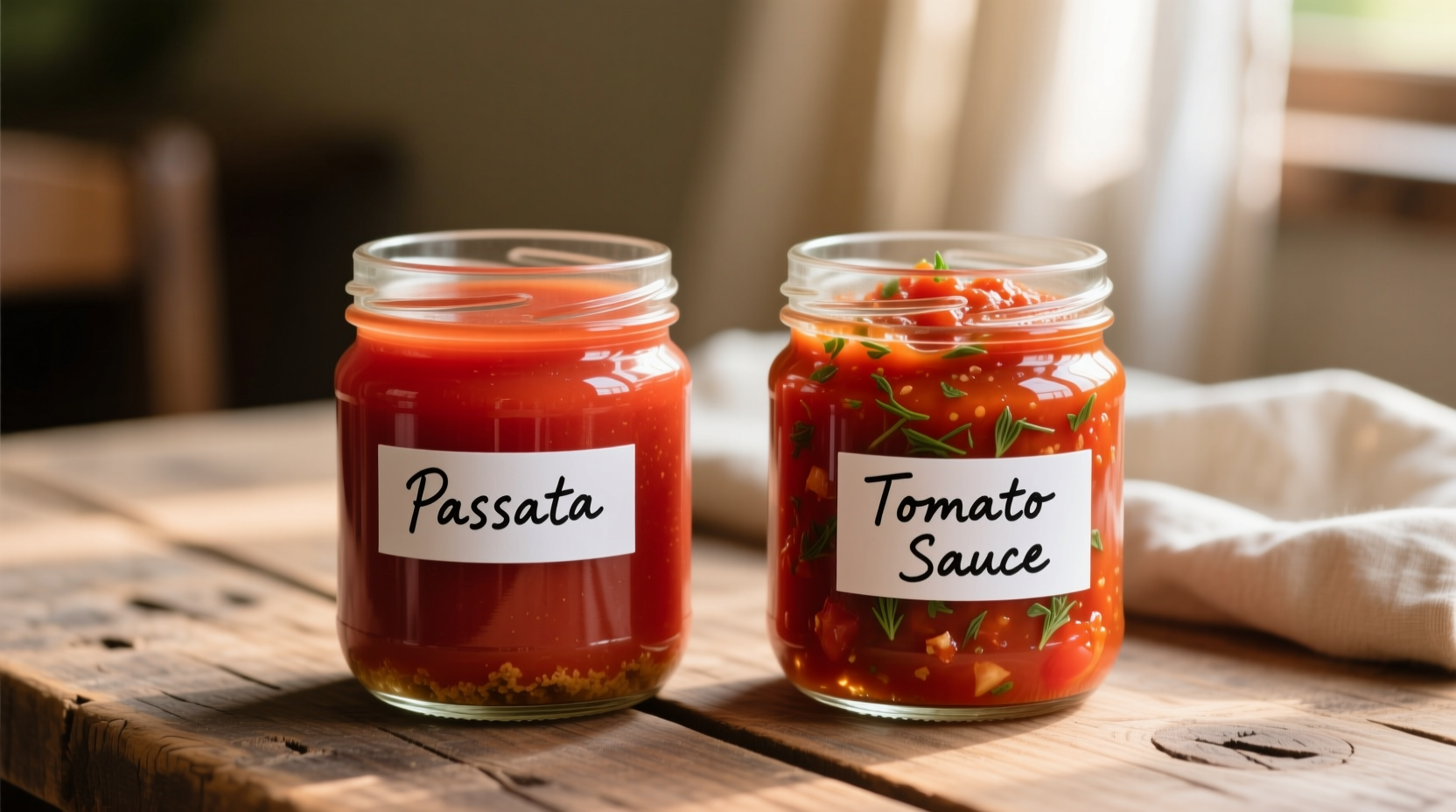 Fresh passata and tomato sauce side by side in clear glasses