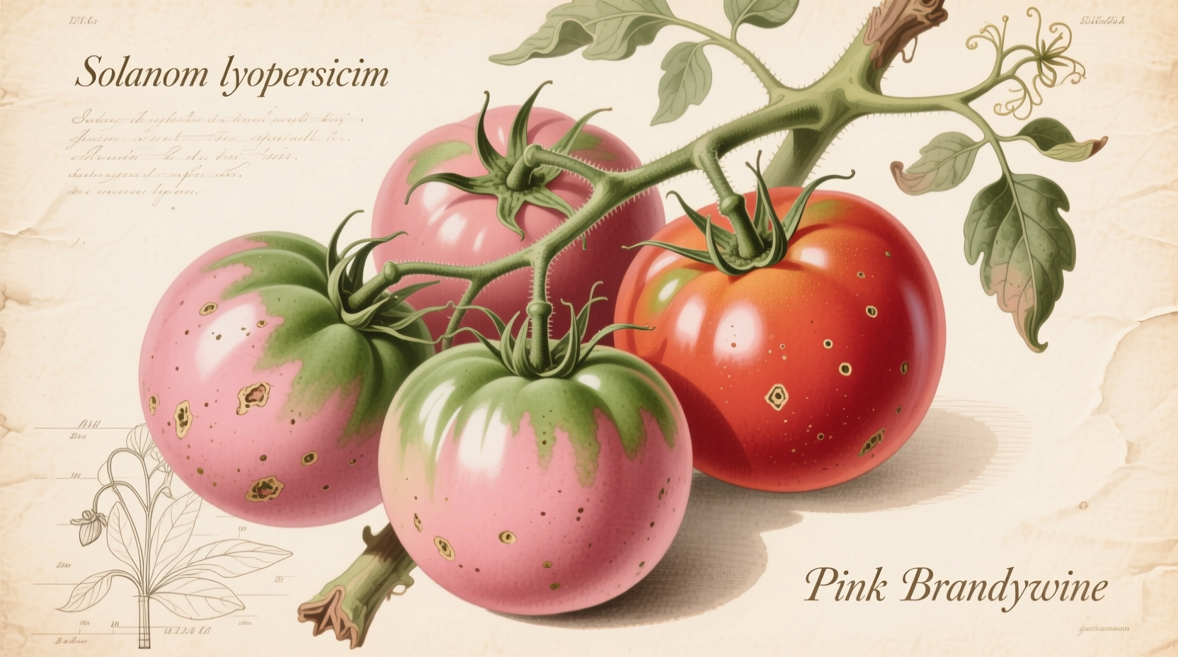 Ripe pink brandywine tomatoes on vine with characteristic green shoulders