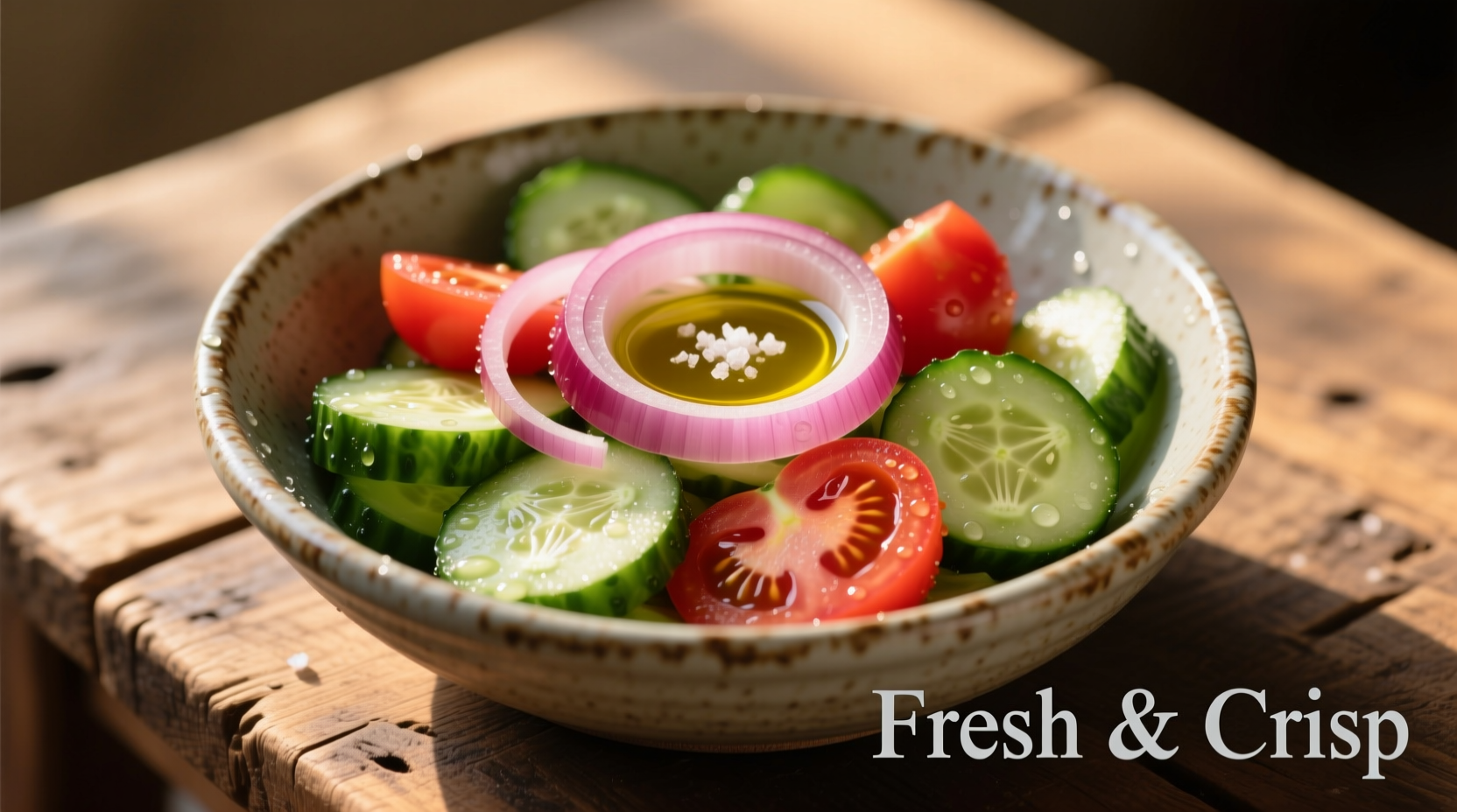 Crisp cucumber onion tomato salad in ceramic bowl