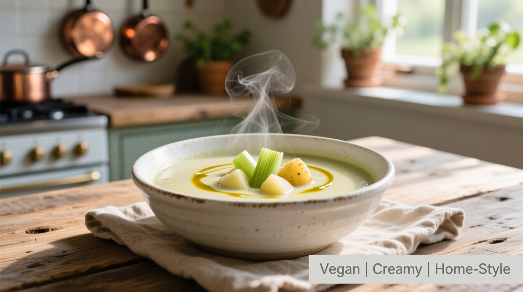 Creamy leek potato vegan soup in white bowl