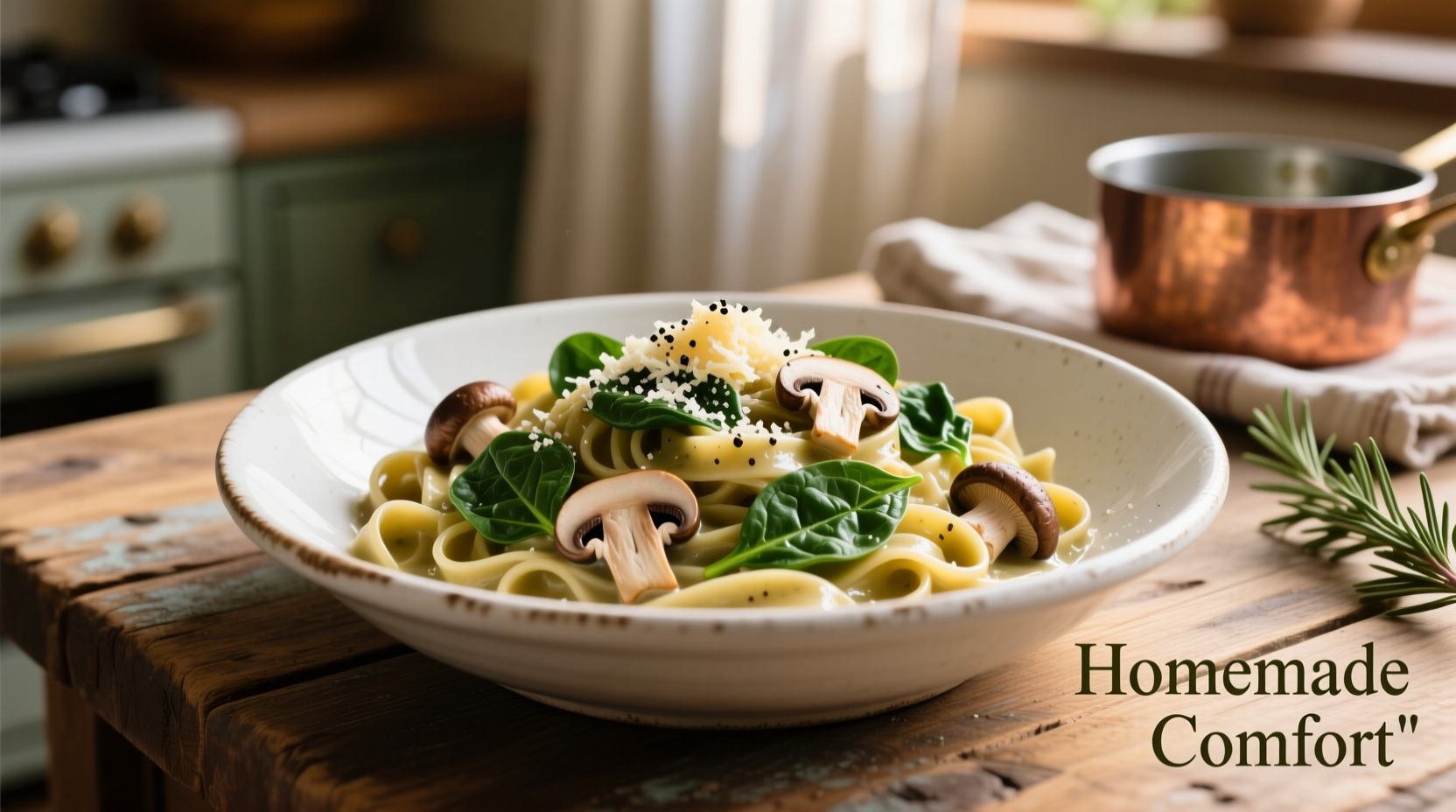 Creamy spinach mushroom pasta in white bowl