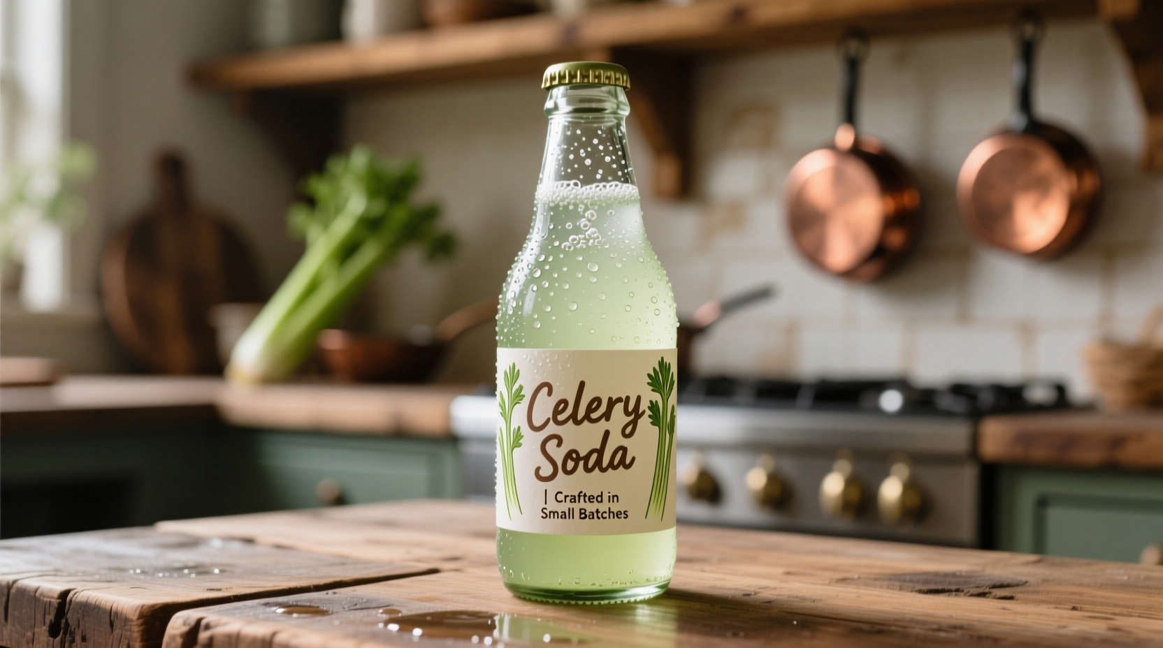 Bottle of artisanal celery soda with condensation