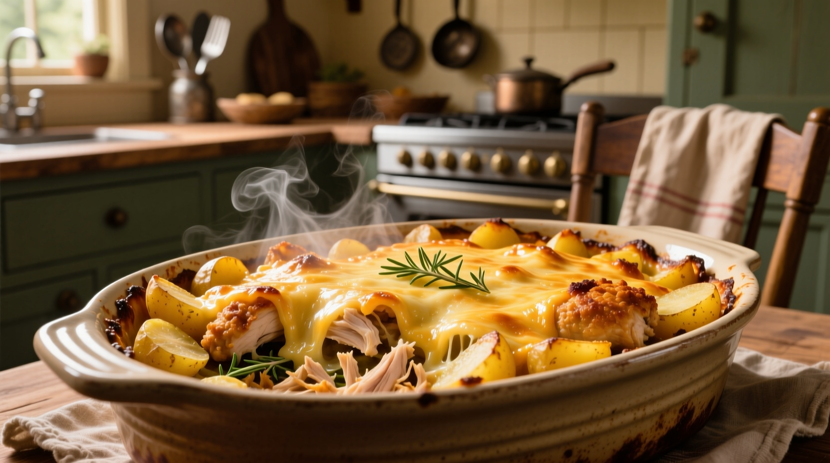 Golden chicken potato casserole with melted cheese topping