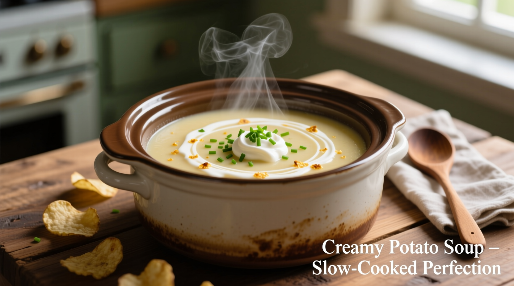 Slow cooker filled with creamy potato soup and garnishes