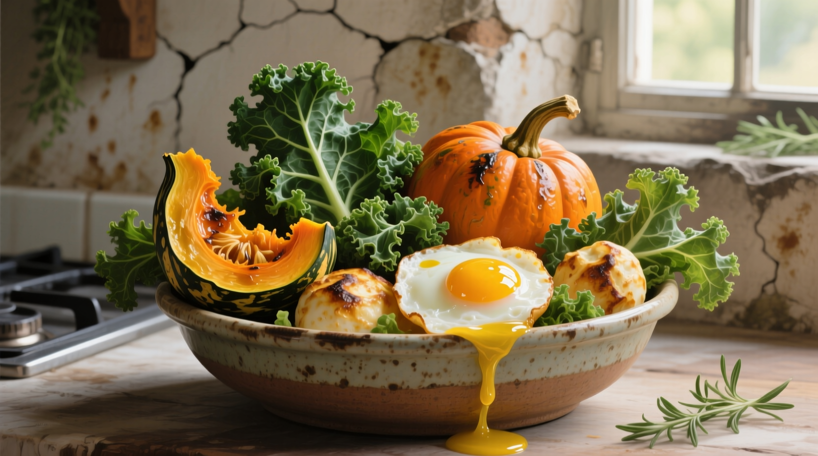 squash hash kale and baked eggs
