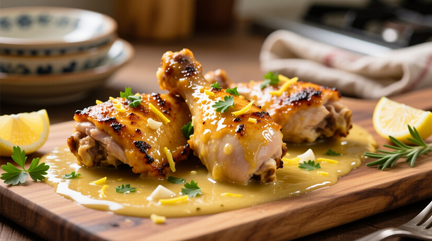 Golden chicken thighs in lemon garlic butter sauce