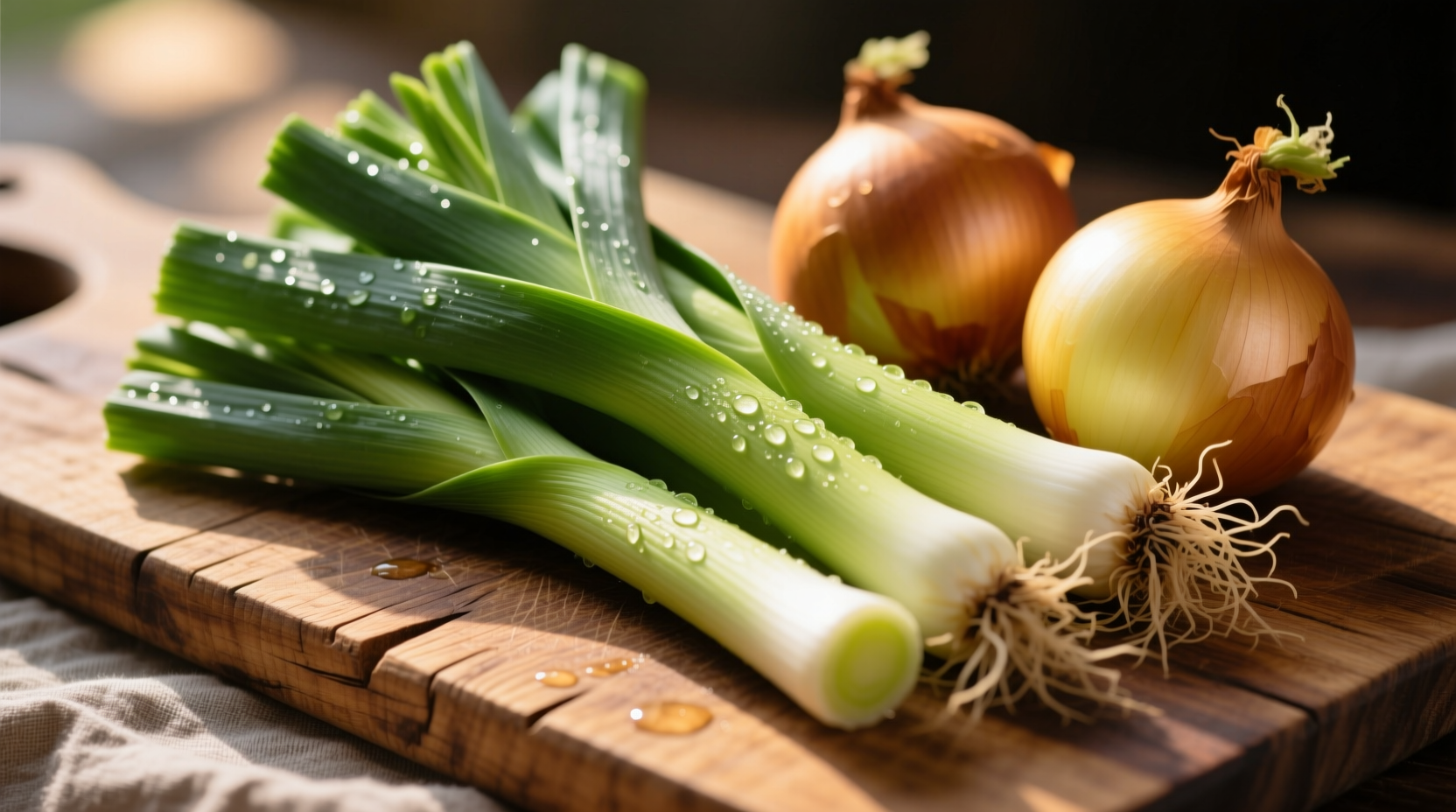 Fresh leeks and onions on wooden cutting board
