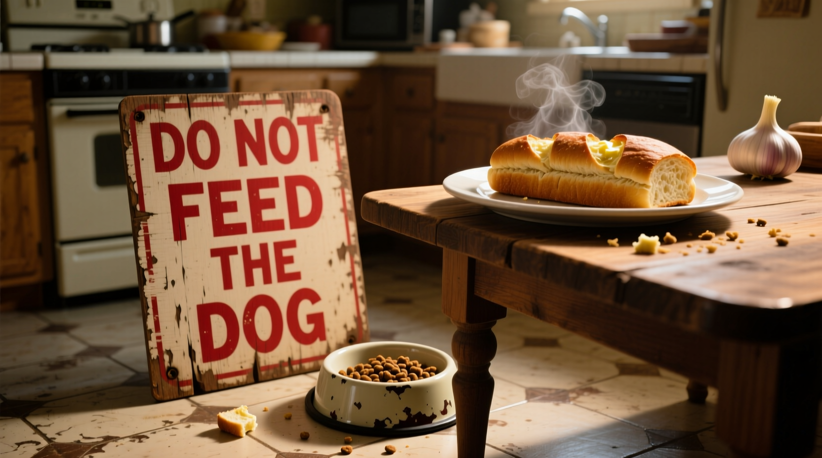 Warning sign next to garlic bread and dog bowl
