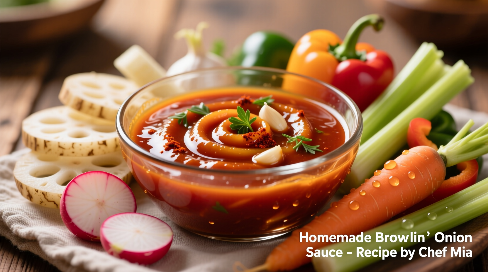 Homemade bloomin onion sauce in clear bowl with dipping vegetables