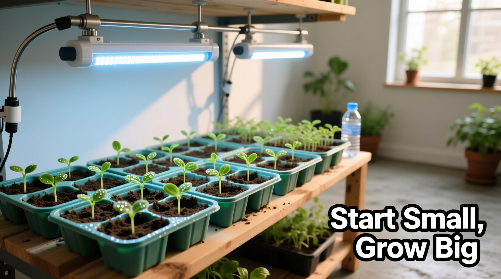 Seed starting setup with trays and grow lights