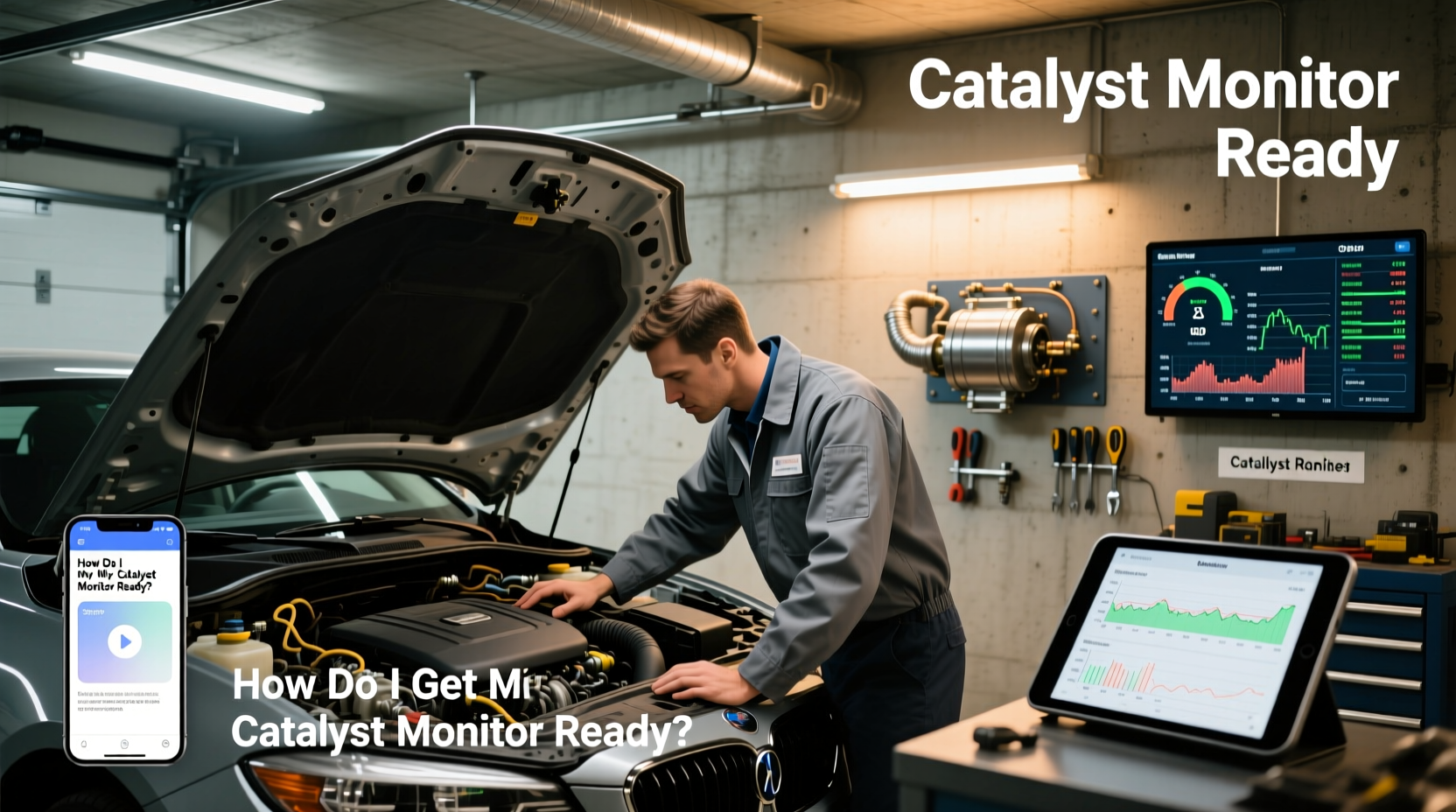 Driver performing a drive cycle for catalyst monitor readiness check using OBD-II scanner