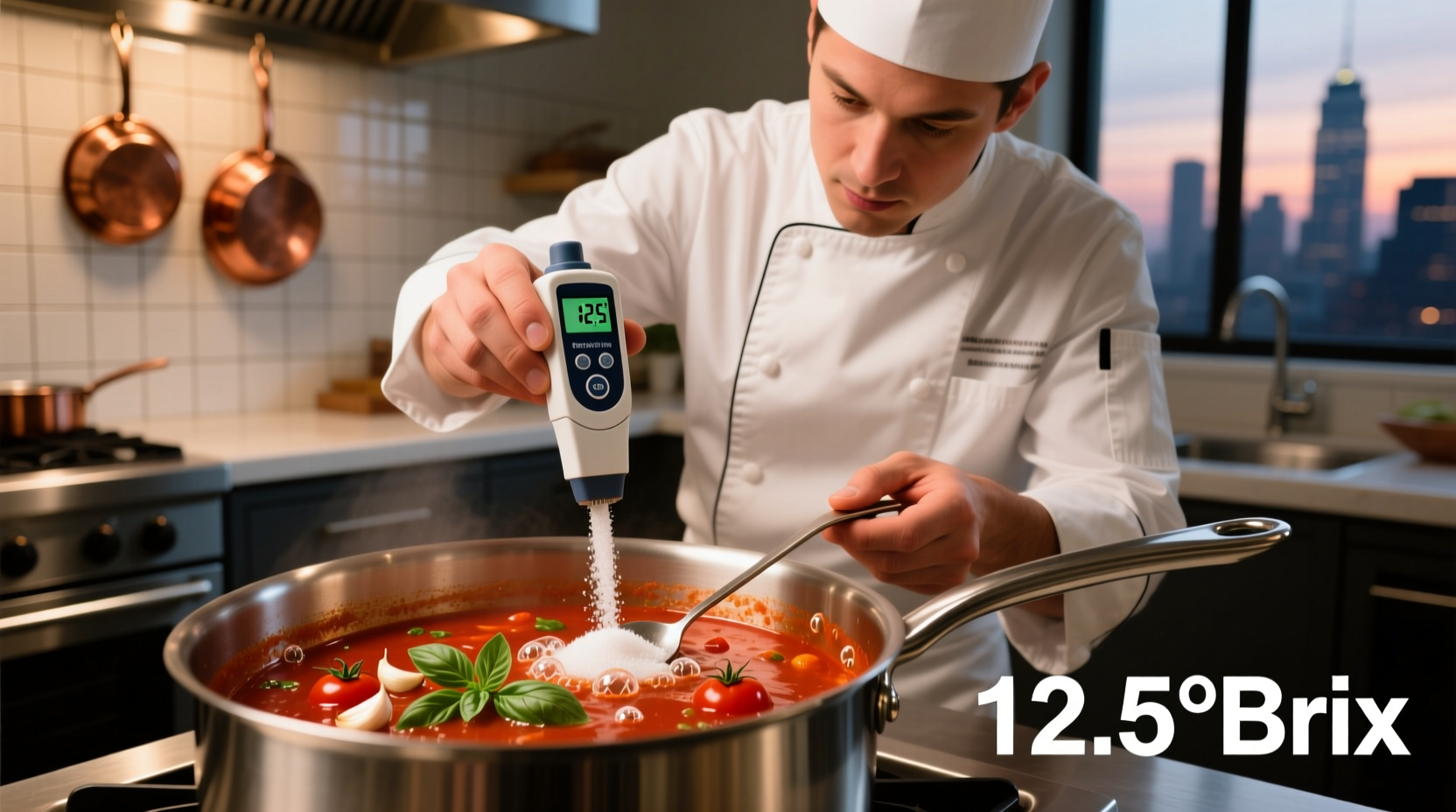 Chef measuring sugar content in tomato sauce