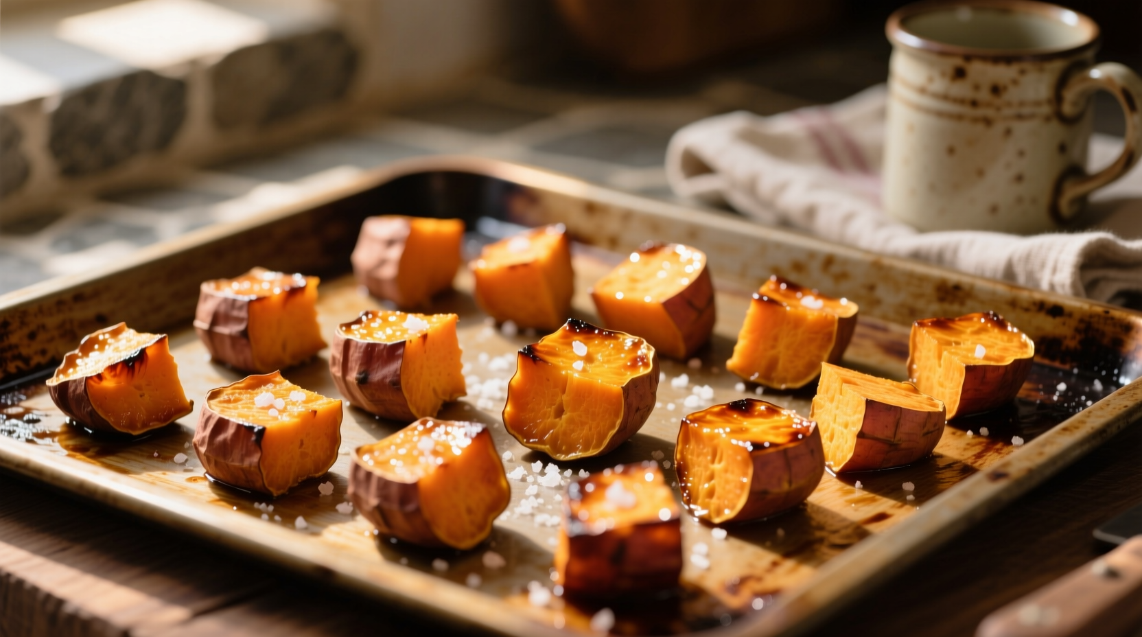 Golden roasted sweet potato chunks on baking sheet