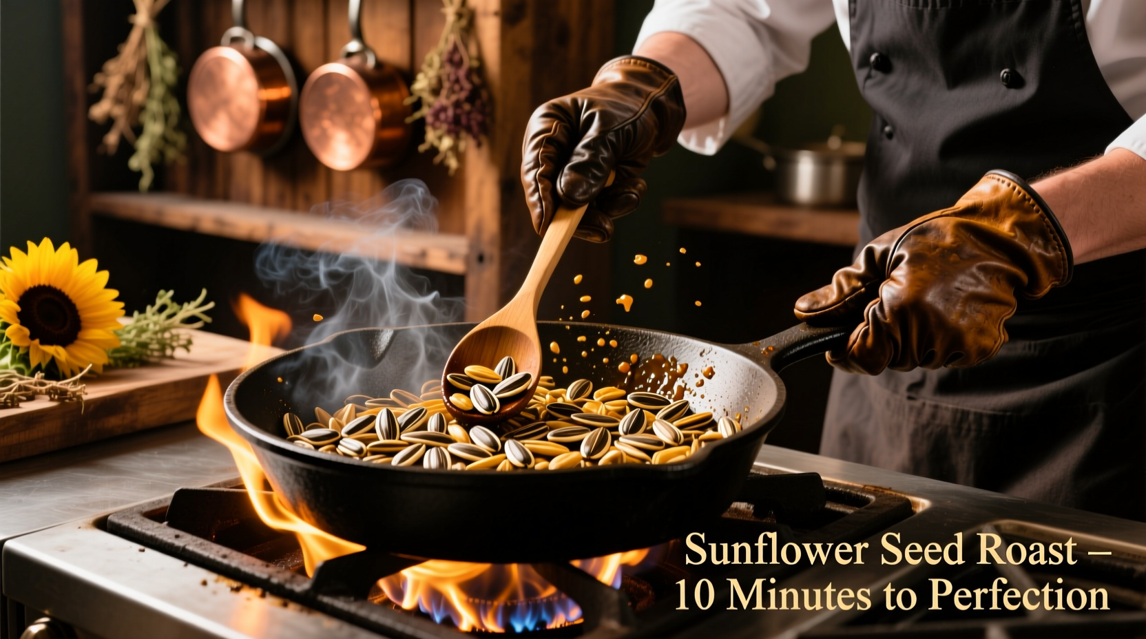 Chef roasting sunflower seeds in cast iron skillet