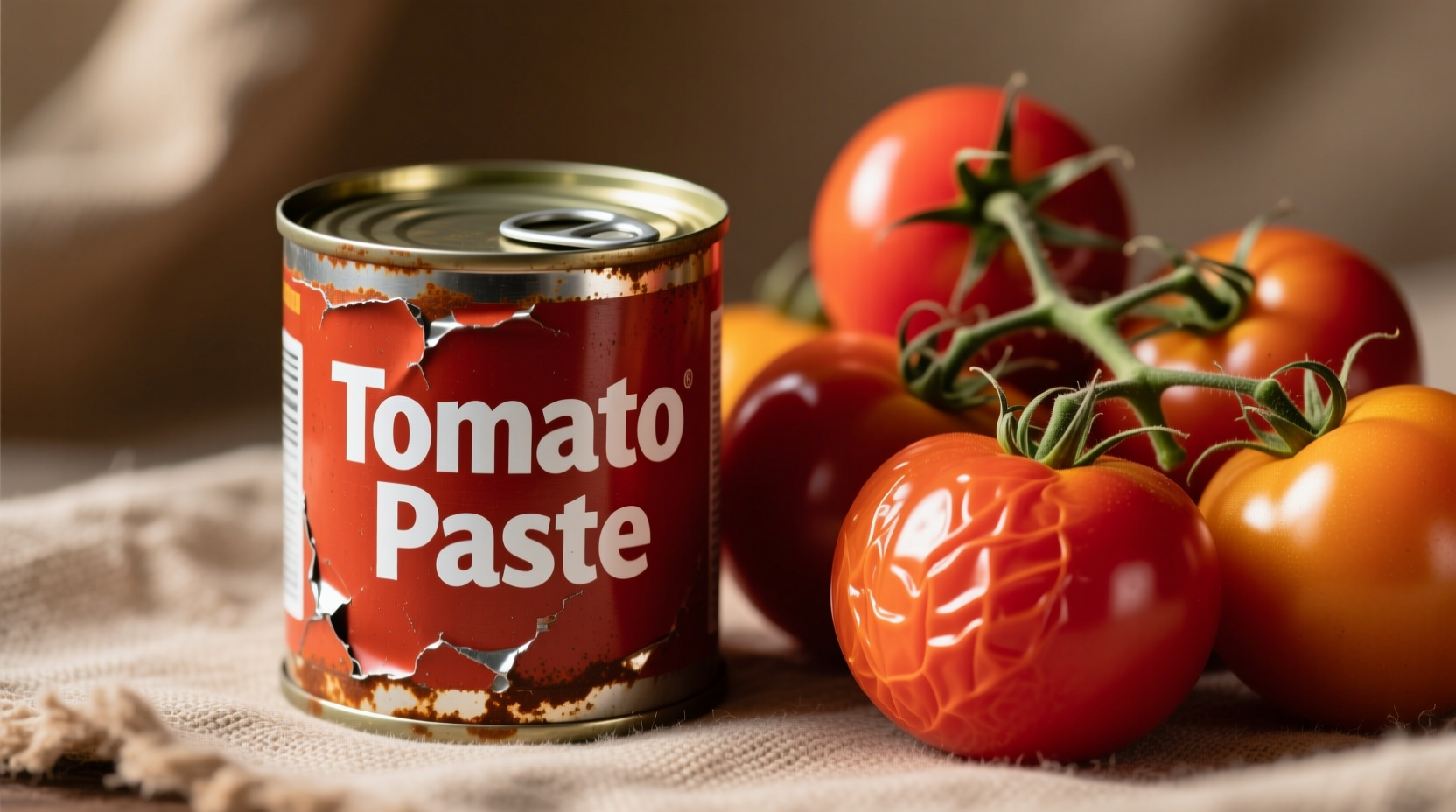 Tomato paste in can next to fresh tomatoes