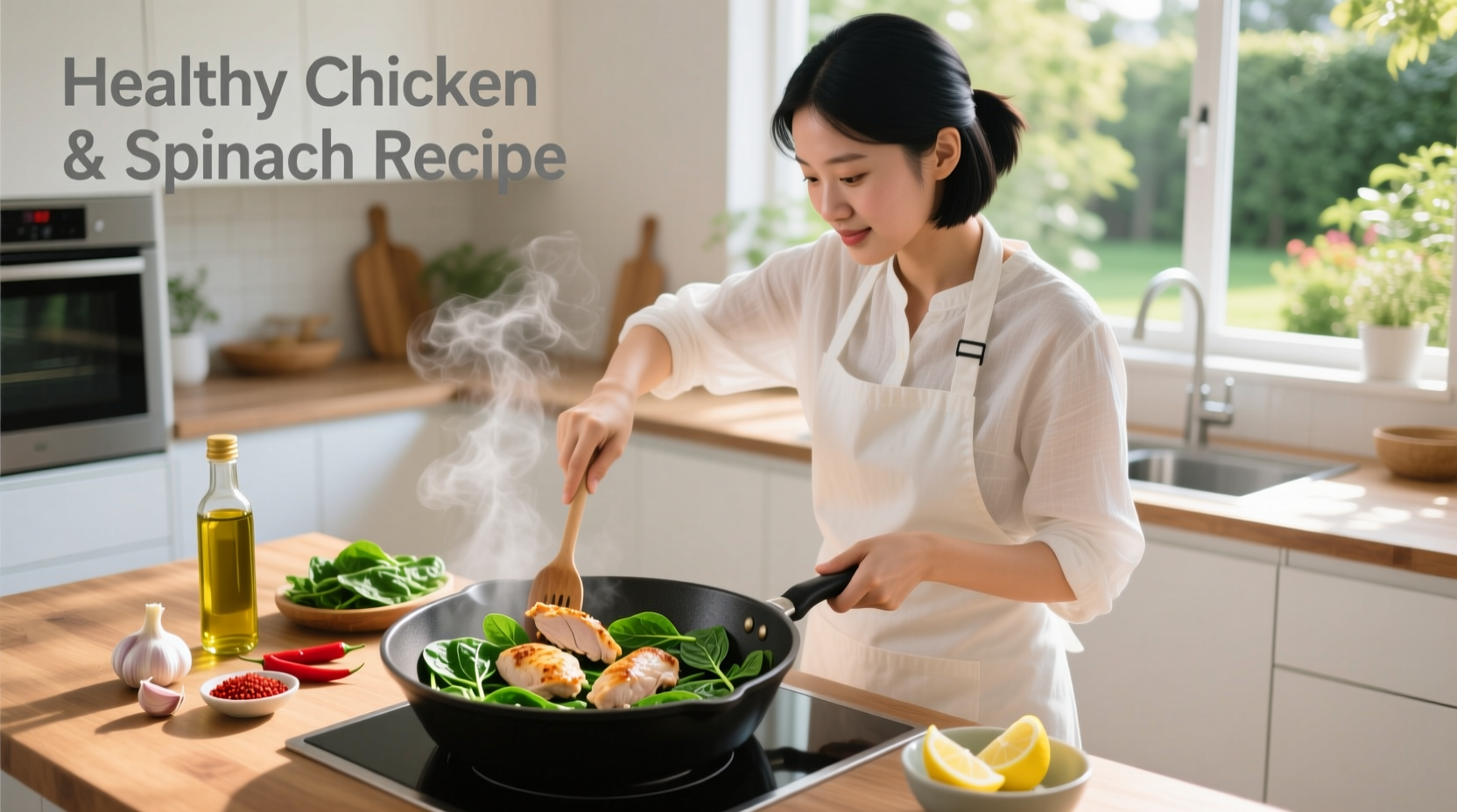 Chef preparing healthy chicken spinach recipe in kitchen