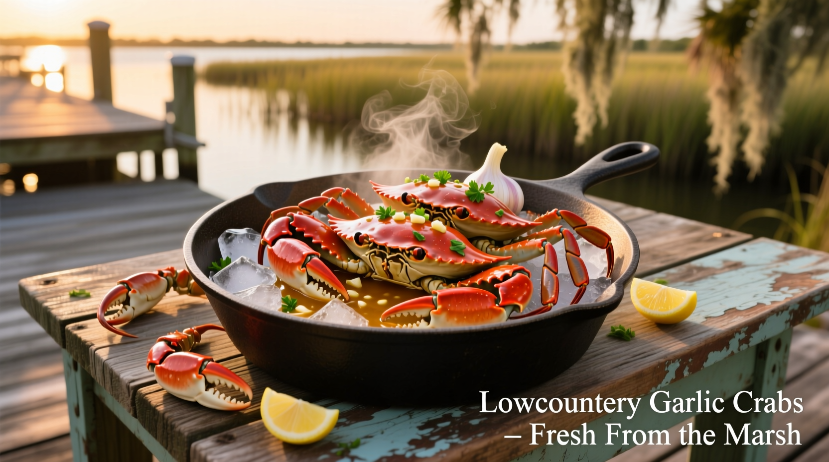 Fresh garlic crabs served in traditional Lowcountry style