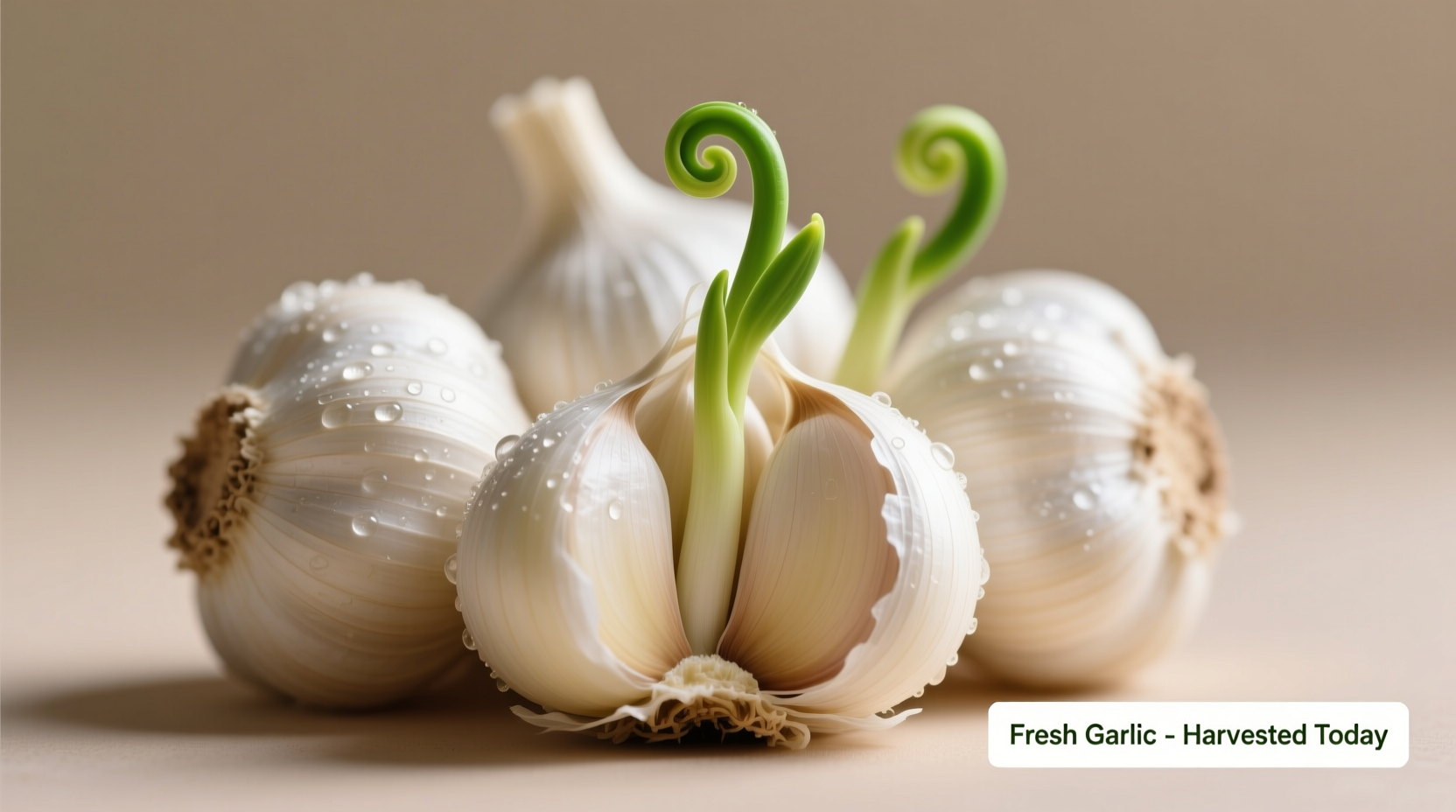 Fresh garlic bulbs with peeled cloves and green sprouts