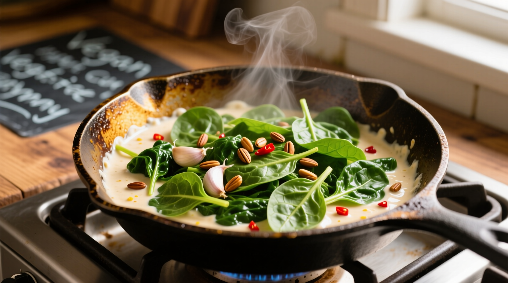 Creamy vegan spinach in cast iron skillet