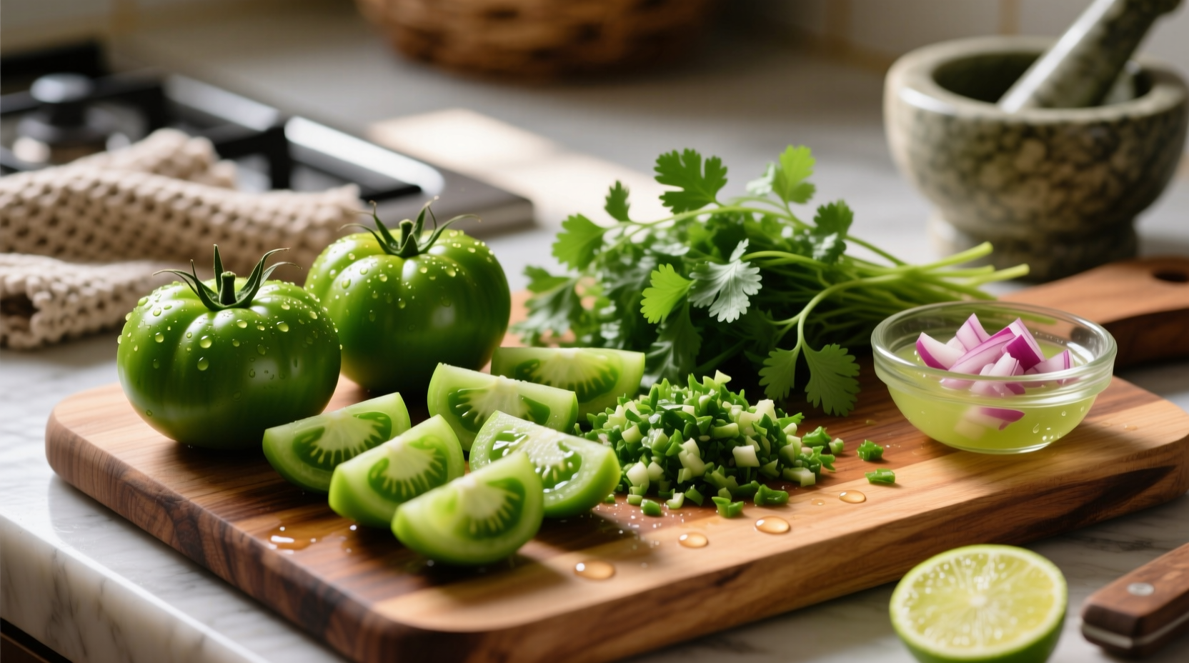 Fresh green tomatoes and cilantro arranged for salsa preparation