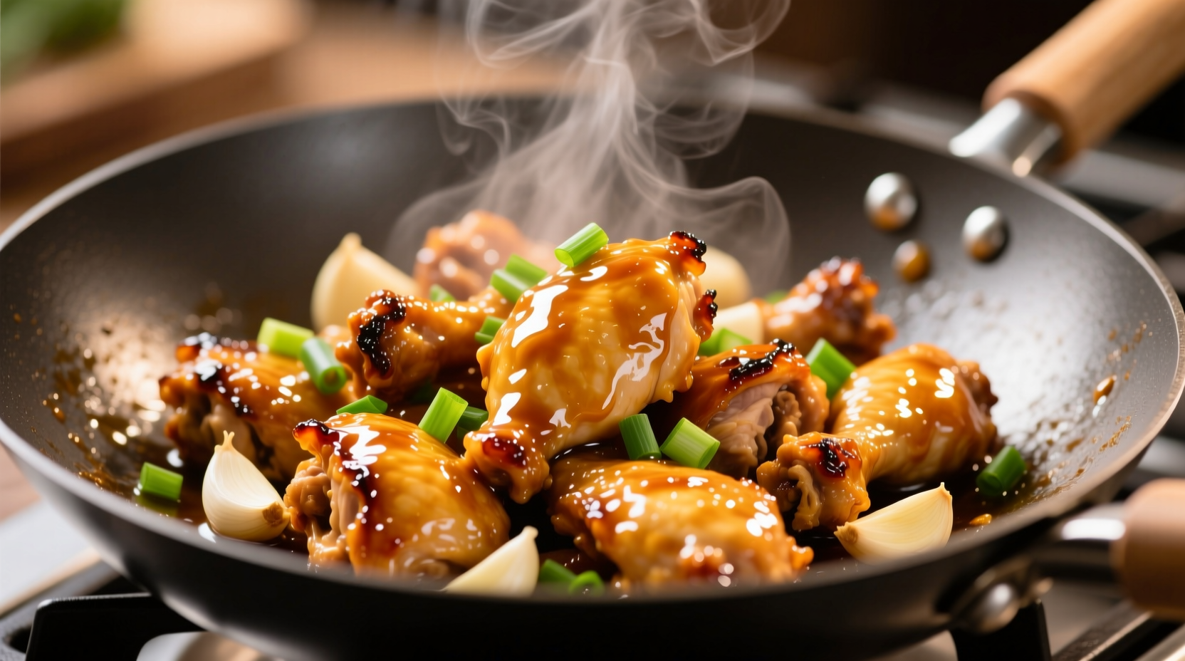 Perfectly glazed honey garlic chicken in wok