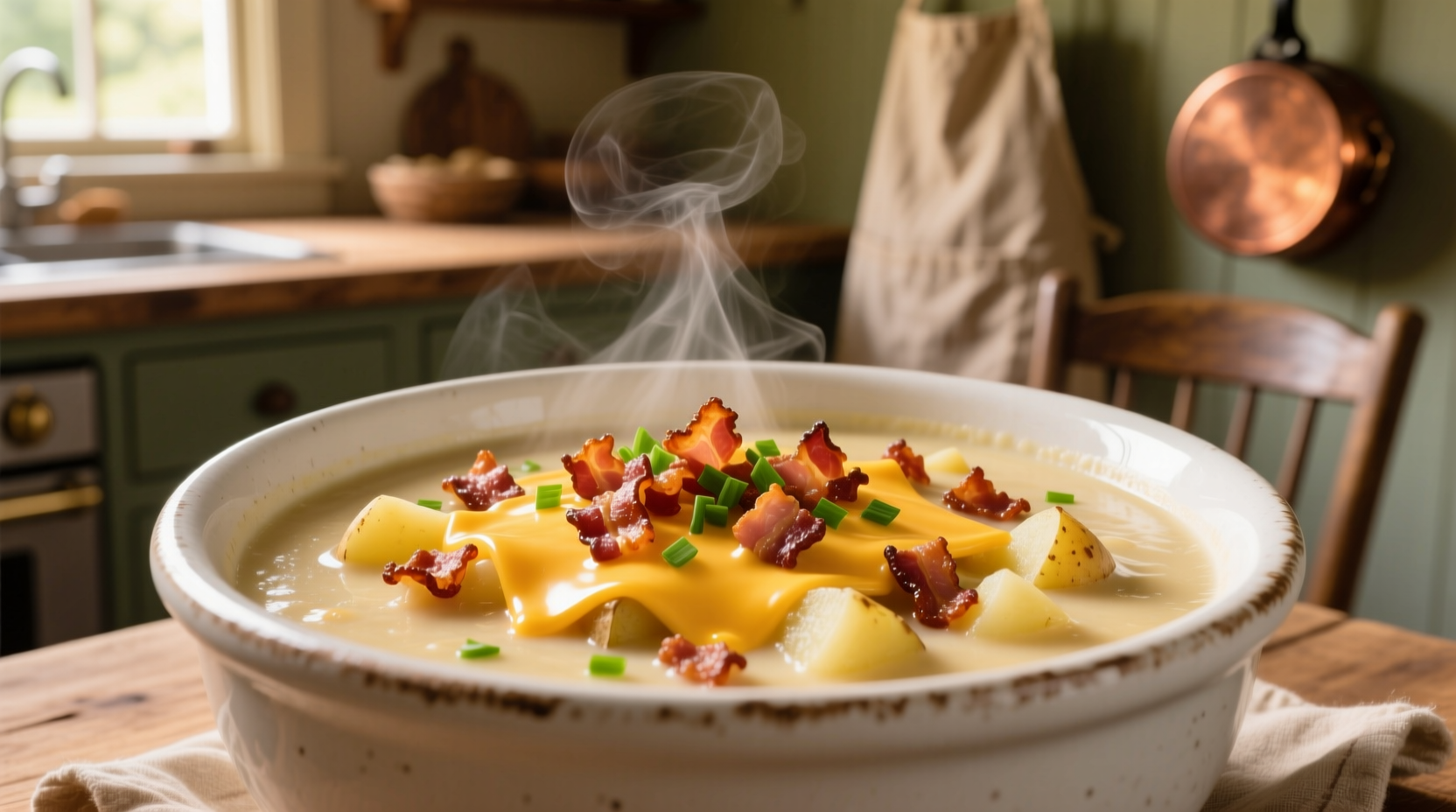 Creamy loaded potato soup in white bowl with bacon and cheddar