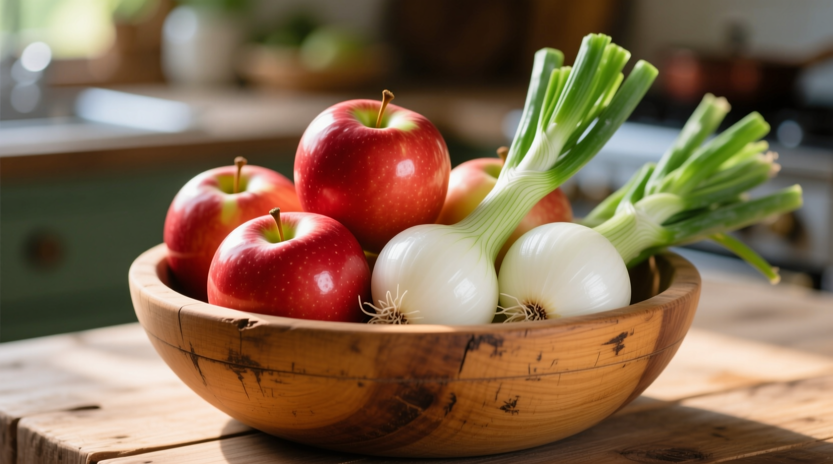 Fresh apple onions with green tops in wooden bowl