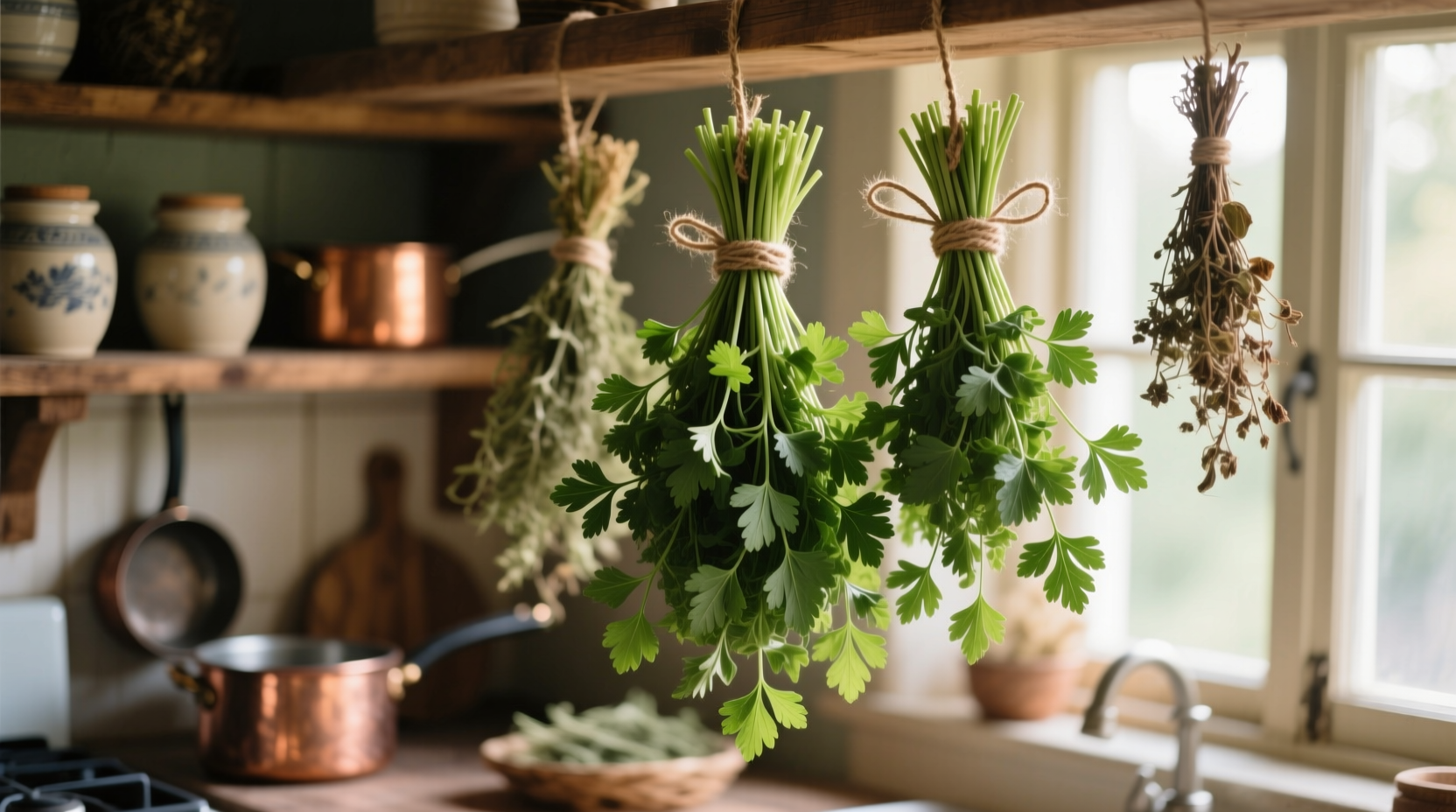 Fresh parsley bundles hanging to dry in a kitchen