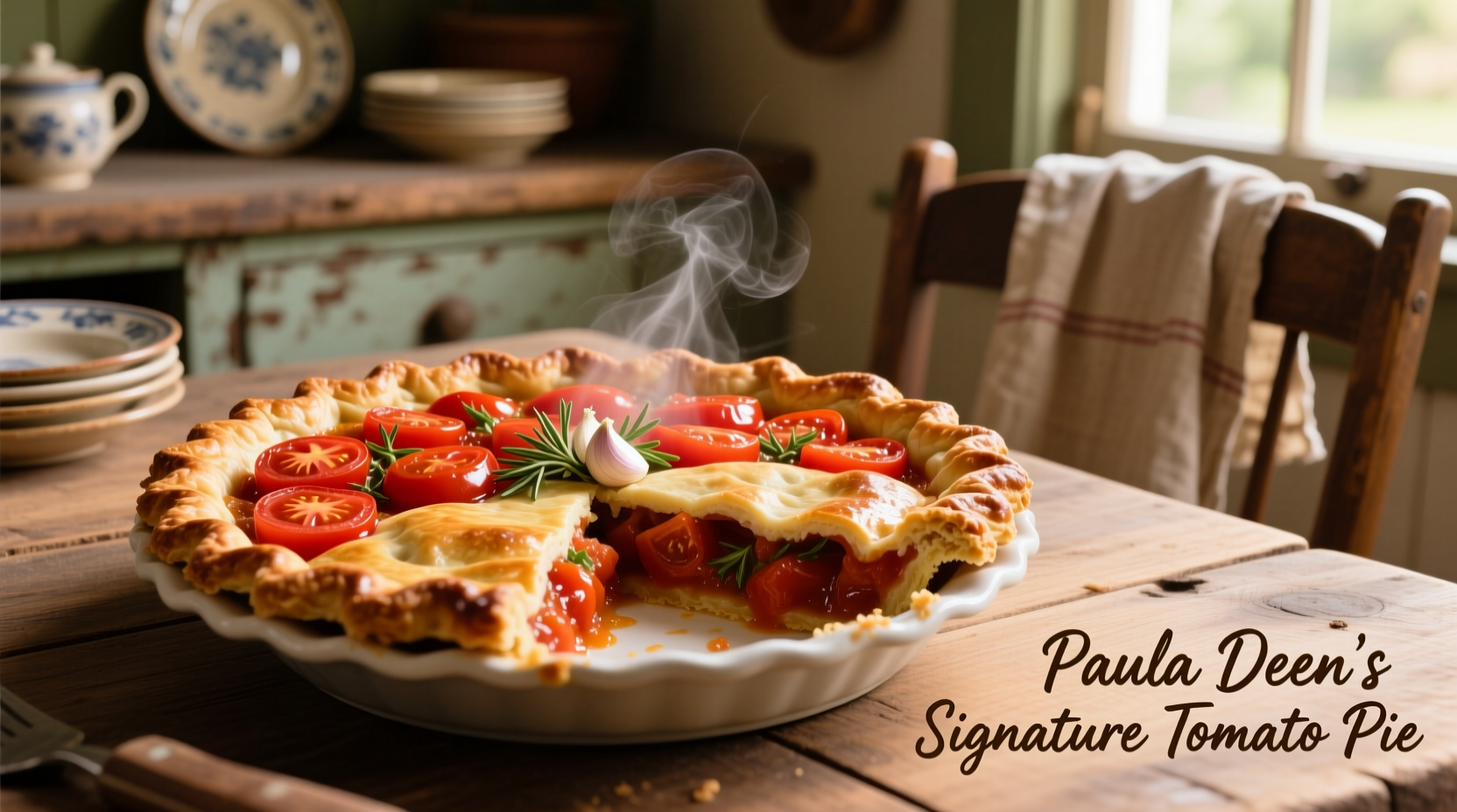 Fresh Paula Deen tomato pie with golden crust