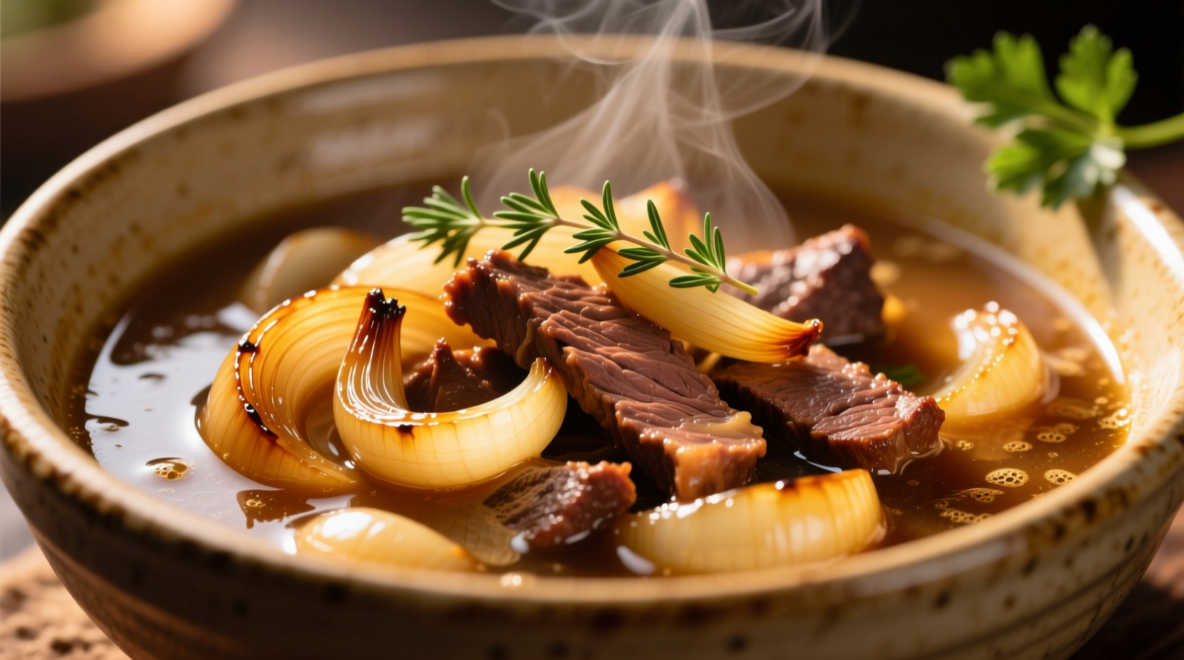 Golden caramelized onions with beef strips in broth